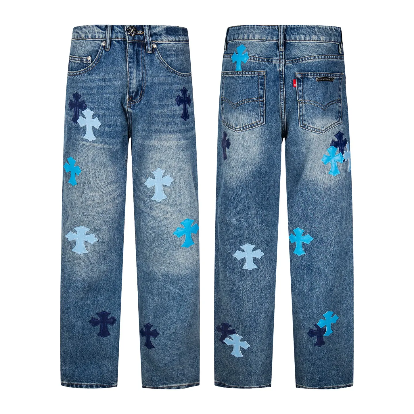 P260 Chrome Hearts micro-flared light blue multi-leather hot jeans. CH jeans need to be washed after the finished product, then disassembled and hand-stitched with sheepskin cross leather and then spliced ​​to complete. The whole piece has too many craftsmanship to explain. The patchwork cross pattern is embellished, and the high-waisted washed jeans! ! Absolutely high-end luxury products, god-level single products and super popular products, made with top heavy industry, a must-see magic weapon. Customized hardware. The fabric is thick and soft after washing. It has good breathability. Customized small leather label. Unique design. The details are simple and elegant, and the workmanship is exquisite. The entire trousers are neatly routed and the details are in place! It’s so cool that both men and women can easily control the genderless trend! Style number: 1796# Color: blue Size: 28 30 32 34 36